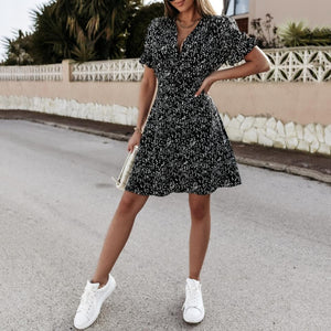 Printed Buttons Sexy Mini Dress