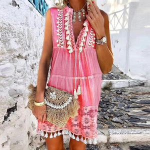 Cute Sleeveless Tassel Vacation Mini Dress