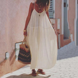 Solid Color Stitching Cotton And Linen Suspender Maxi Dress
