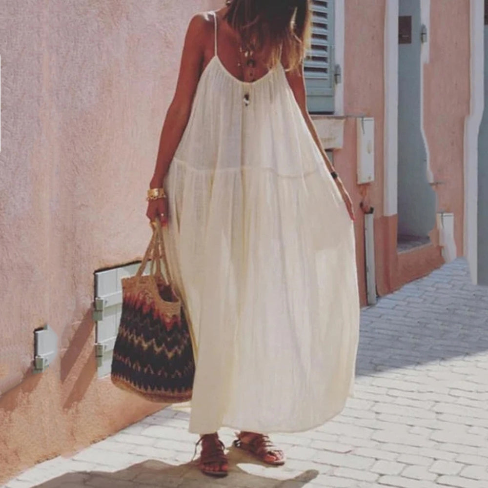 Solid Color Stitching Cotton And Linen Suspender Maxi Dress
