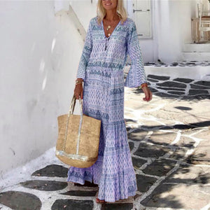 Bohemian Geometric Print V Neck Maxi Dress