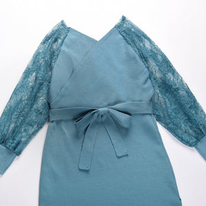 Elegant V-Neck Lace Knitted Dress