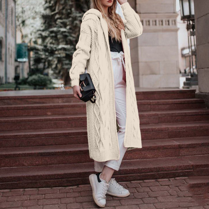 Casual Solid Color Hooded Knit Long Cardigan
