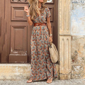 Elegant V-Neck Printed Short Sleeve Maxi Dress