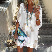 Load image into Gallery viewer, V-Neck Short-Sleeved Lace Stitching Print Dress
