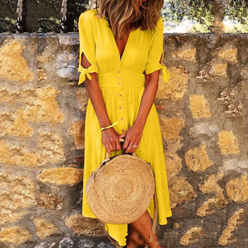Solid Color V-Neck Half Sleeve Dress