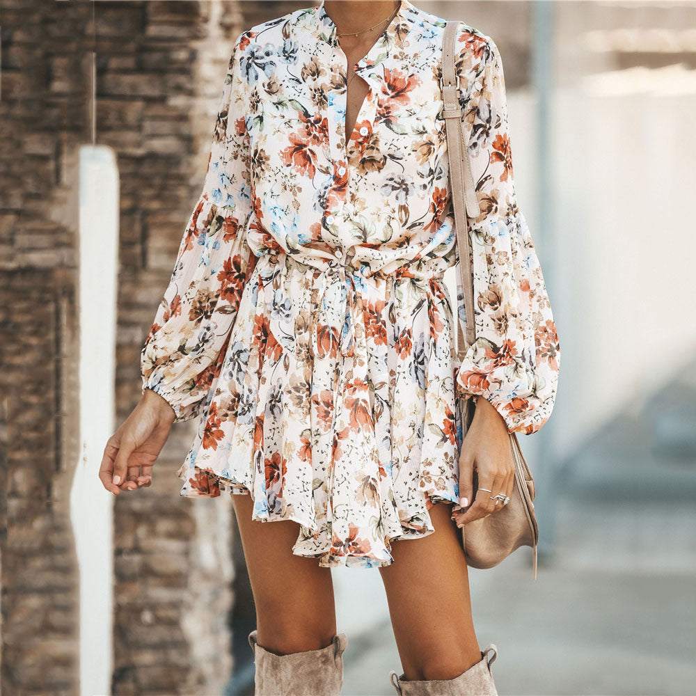 Lace-Up Button Floral Printed Dress