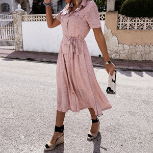 Summer Small Floral Button Belt Maxi Dress