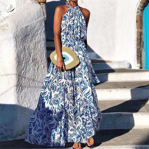 Fashion Printed Halter Sleeveless Maxi Dress