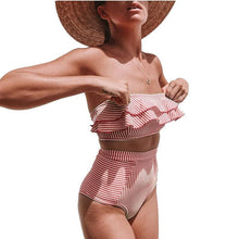 Load image into Gallery viewer, Stripe Printed Ruffle High Waist Bikini Swimwear
