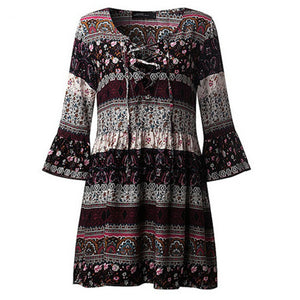 Bohemian Print Lace Up Dress