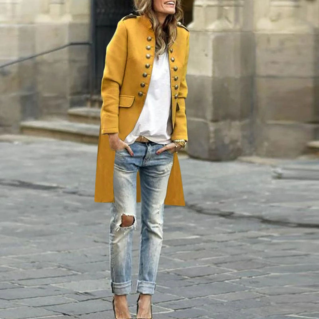Elegant Solid Color Round Neck Long Sleeve Button Coat