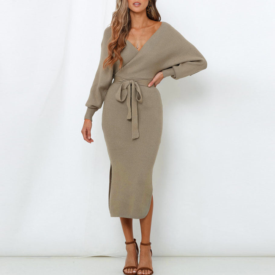 Elegant V-neck Knitted Slim Bodycon Dress