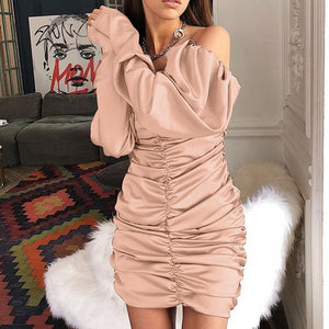 Pleated Slim Puff Sleeve Bodycon Dress