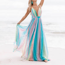 Load image into Gallery viewer, Fashion V-Neck Rainbow Mesh Sling Maxi Dress
