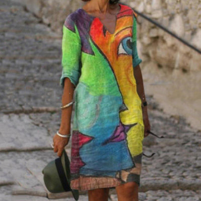 Fashion V-Neck Printed Casual Shift Dress