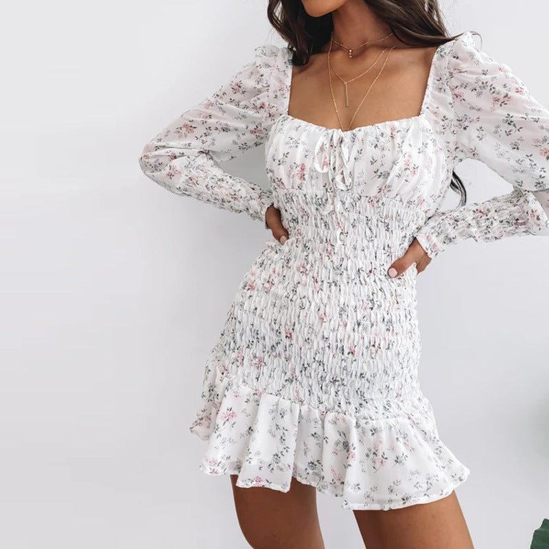 Floral Print Backless Square Neck Dress