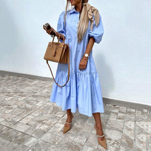Simple Long Sleeve Lapel Shirt Dress