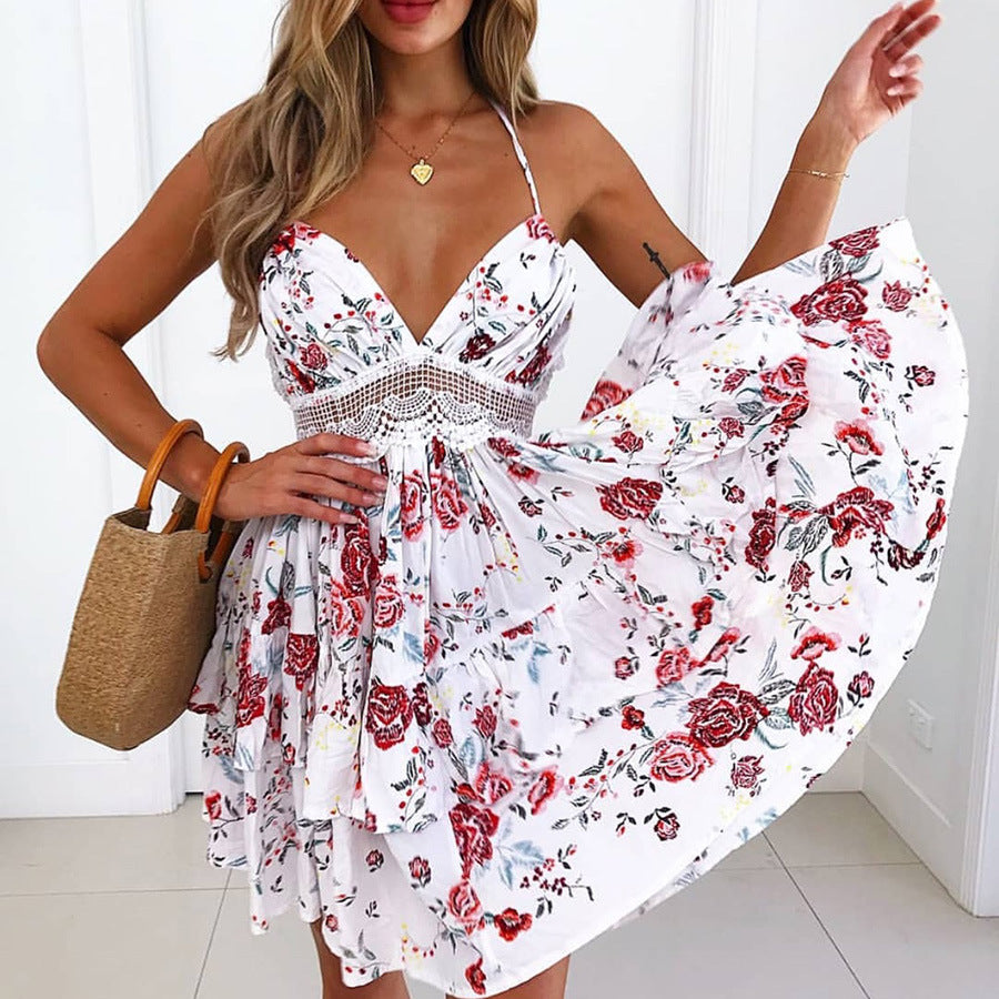Backless Floarl Printed Suspender Dress