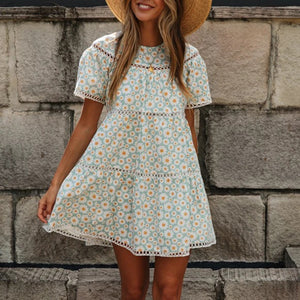 Cute Round Neck Lacework Floral Printed Dress