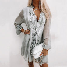 Load image into Gallery viewer, V-Neck Lapel Long Sleeve Mini Dress

