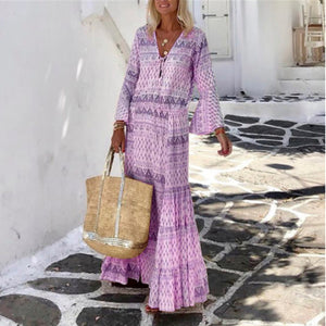 Bohemian Geometric Print V Neck Maxi Dress