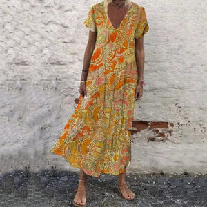 Boho V-Neck Printed Casual Maxi Dress