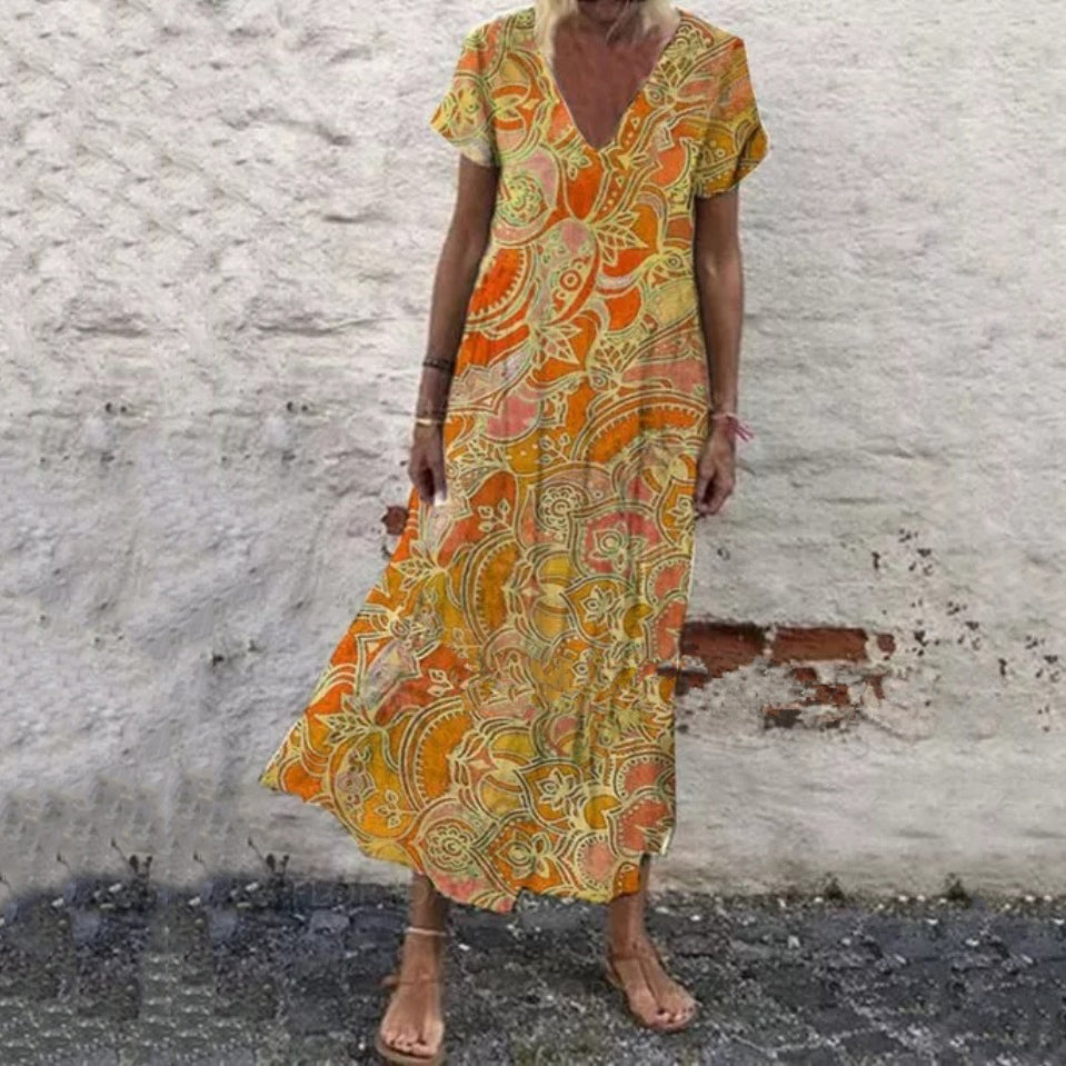 Boho V-Neck Printed Casual Maxi Dress