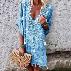 Boho Tassel V-Neck Printed Mini Dress