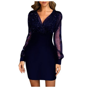 Mesh V-Neck Sequined Slim Bodycon Dress