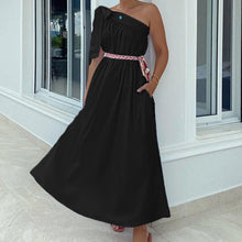 Load image into Gallery viewer, Solid Color Slanted Shoulder Irregular Sleeveless Maxi Dress

