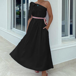 Solid Color Slanted Shoulder Irregular Sleeveless Maxi Dress