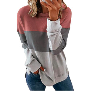 Contrasting Color Round Neck Long-Sleeved Tops