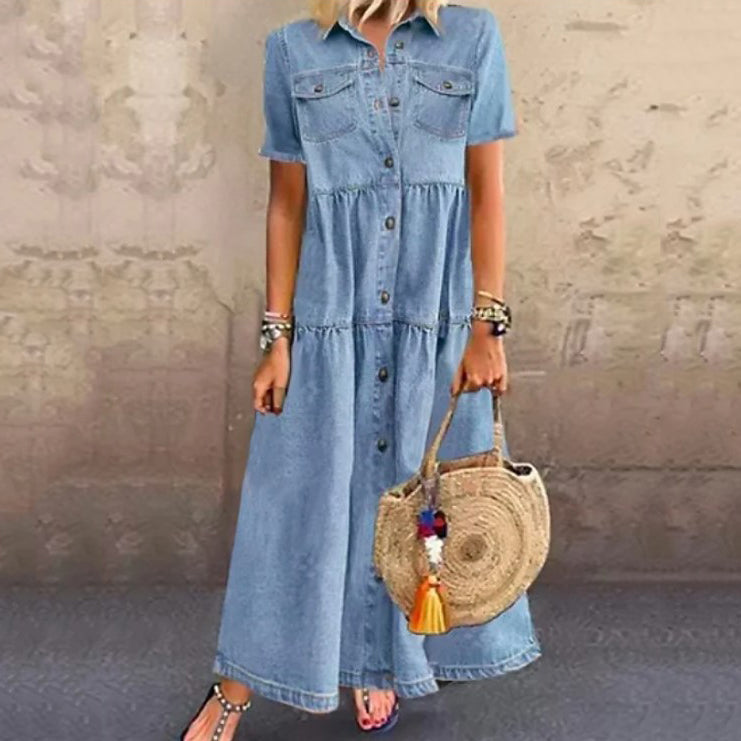 Retro Distressed Denim Maxi Dress