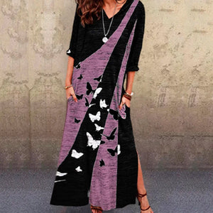 V-Neck Short-Sleeved Printed Slit Dress