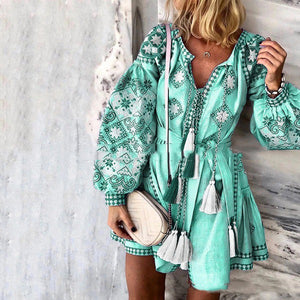 Bohemian V-Neck Long-Sleeved Lace-Up Fringed MIni Dress