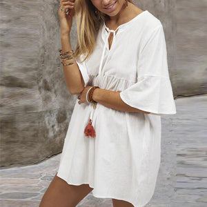 Cute Solid Color V-Neck Boho Mini Dress