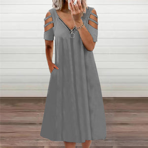 Solid Color V-neck Zip Short Sleeve Dress