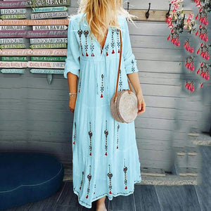 Bohemian Style V-Neck Drawstring Maxi Dress
