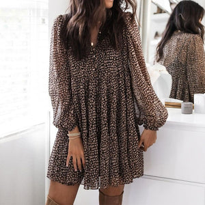 Leopard Print Lantern Sleeve V-Neck Dress