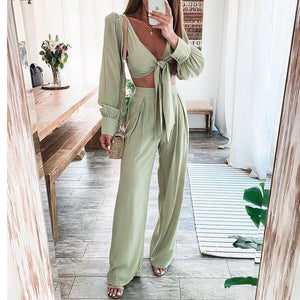 Lace-up Waistless Top + Pants Casual Set