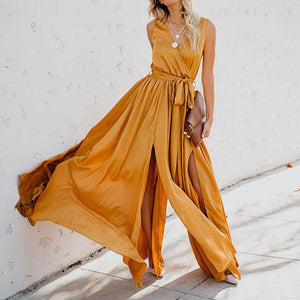 Boho Solid Color V Neck Maxi Dress