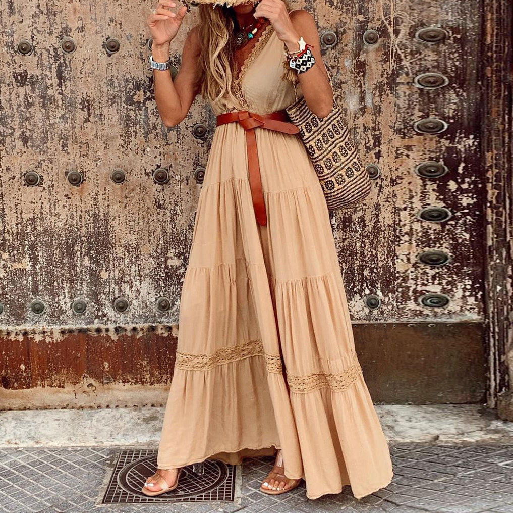 Solid Color High Waist V-Neck Maxi Dress