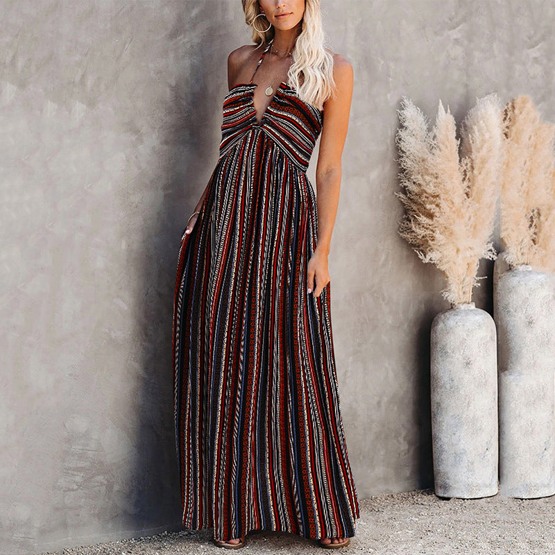 Fashion Stripe Printed Maxi Vacation Dress