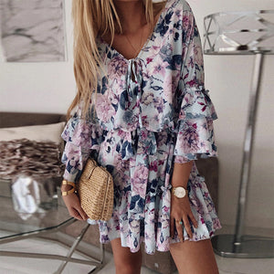 Floral Printed Ruffled V-Neck Mini Dress