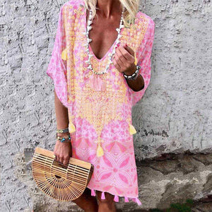 Boho Tassel V-Neck Printed Mini Dress