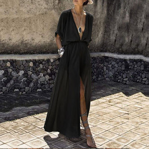 Deep V Short Sleeve Split Maxi Dress