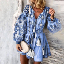 Load image into Gallery viewer, Bohemian V-Neck Long-Sleeved Lace-Up Fringed MIni Dress
