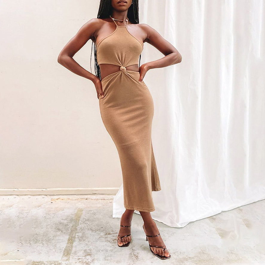 Sexy Halter Design Hollow Out Maxi Dress