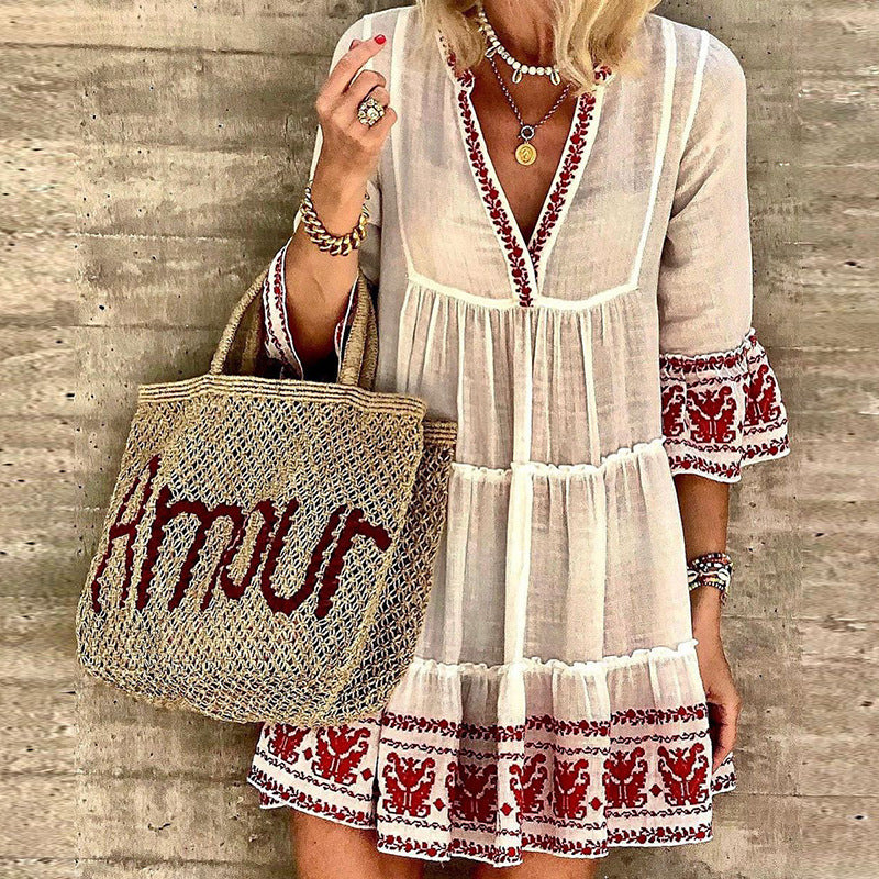 Boho Style V-Neck Printed Casual Mini Dress